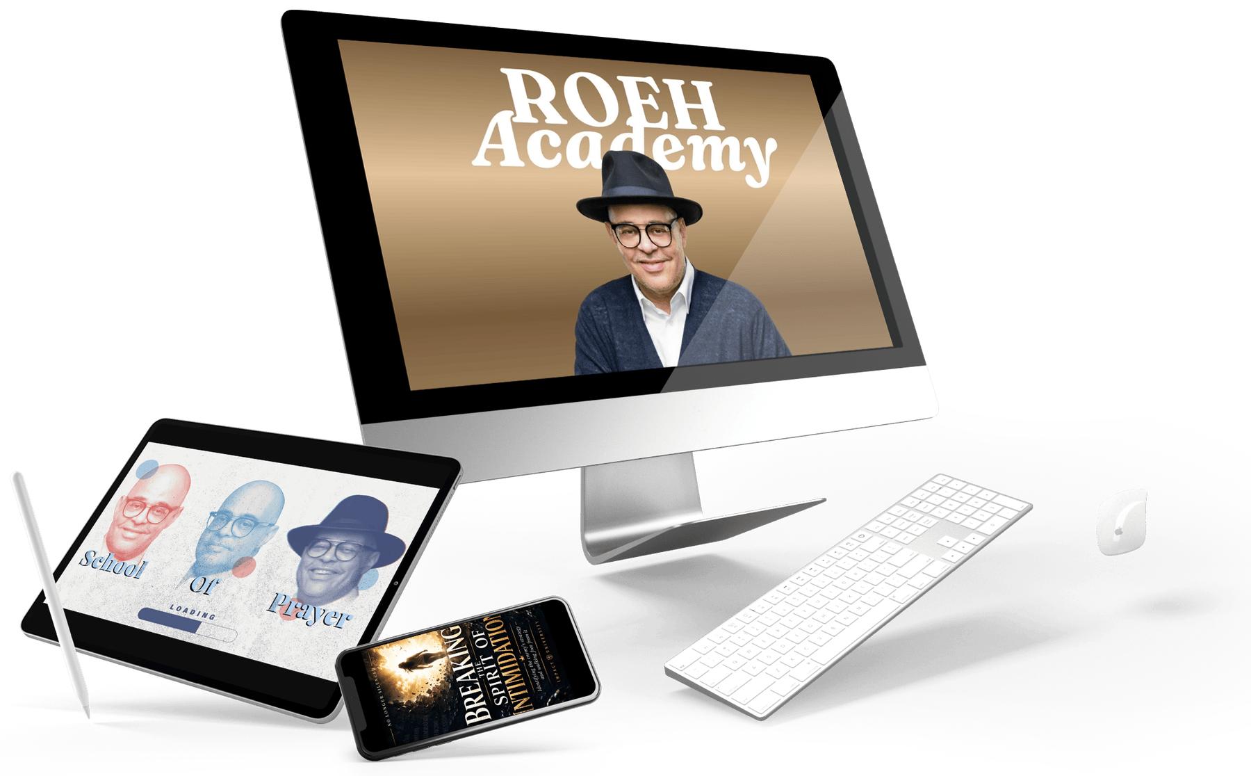 The Roeh Academy course playing on a desktop screen, the School of Prayer eCourse loading on a tablet, and a book cover on a phone.